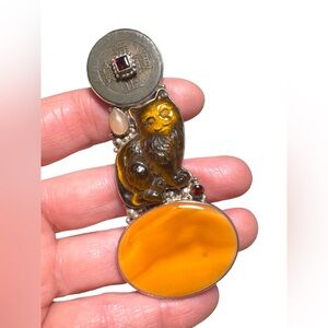 Sajen lg sterling silver 925 fiber optic carved tiger eye chinese coin pendant